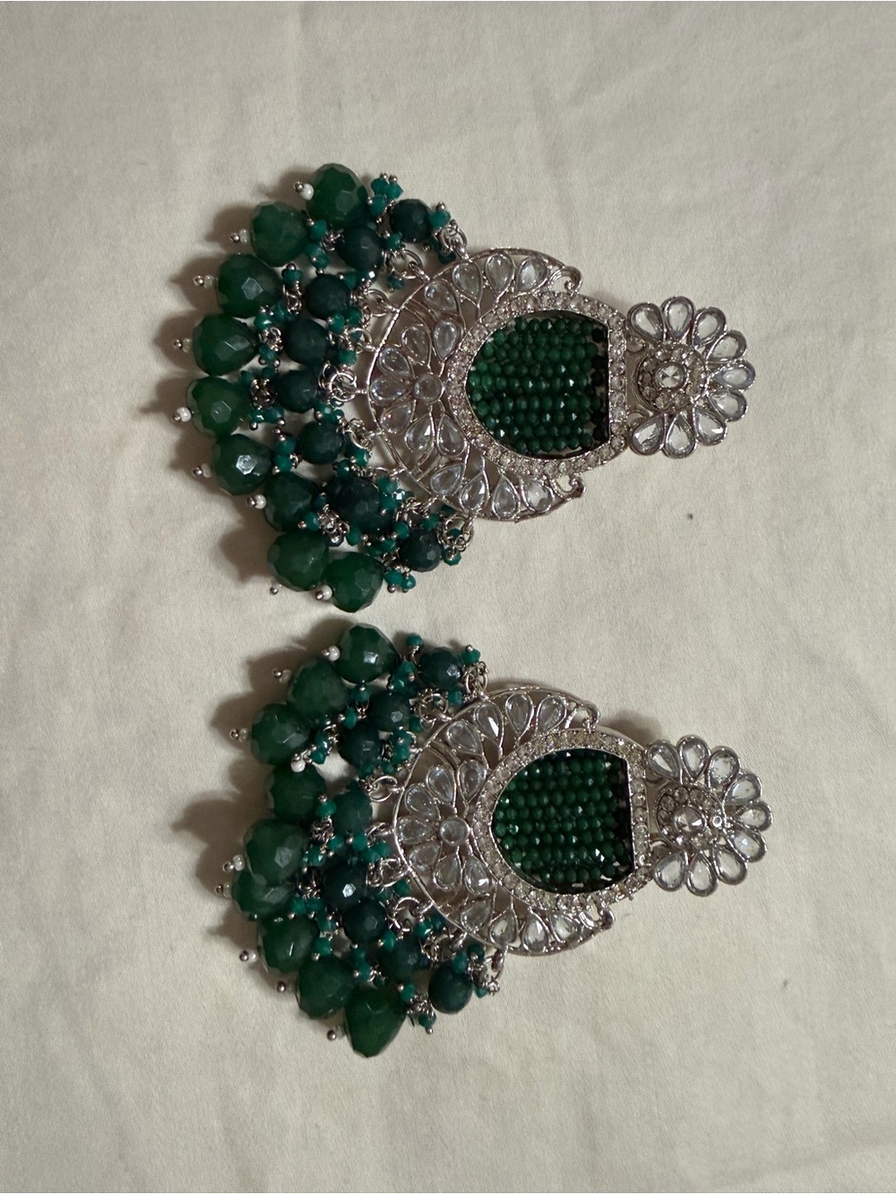 Salwar Kameez Emerald Green and Silver Chandbali Earrings